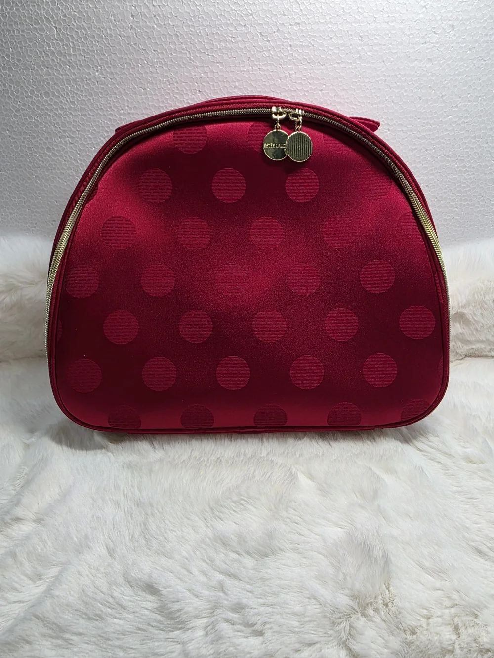 Estee Lauder Red Polka Dot Cosmetic Pouch with Gold Zippers